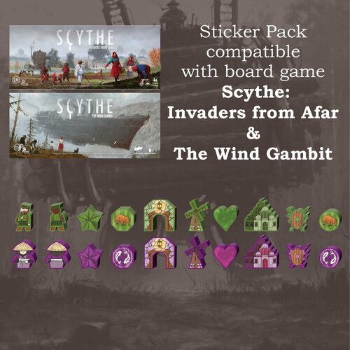 Стикерпак для настольной игры Scythe: Invaders from Afar (Серп. Захватчики из далеких земель) и Scythe: The Wind Gambit (Серп. Небесный гамбит)