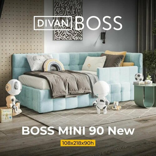 Односпальная кровать BOSS mini, с подъемным механизмом, велюр MONOLIT Aqua NEW, спальное место 90х200 см
