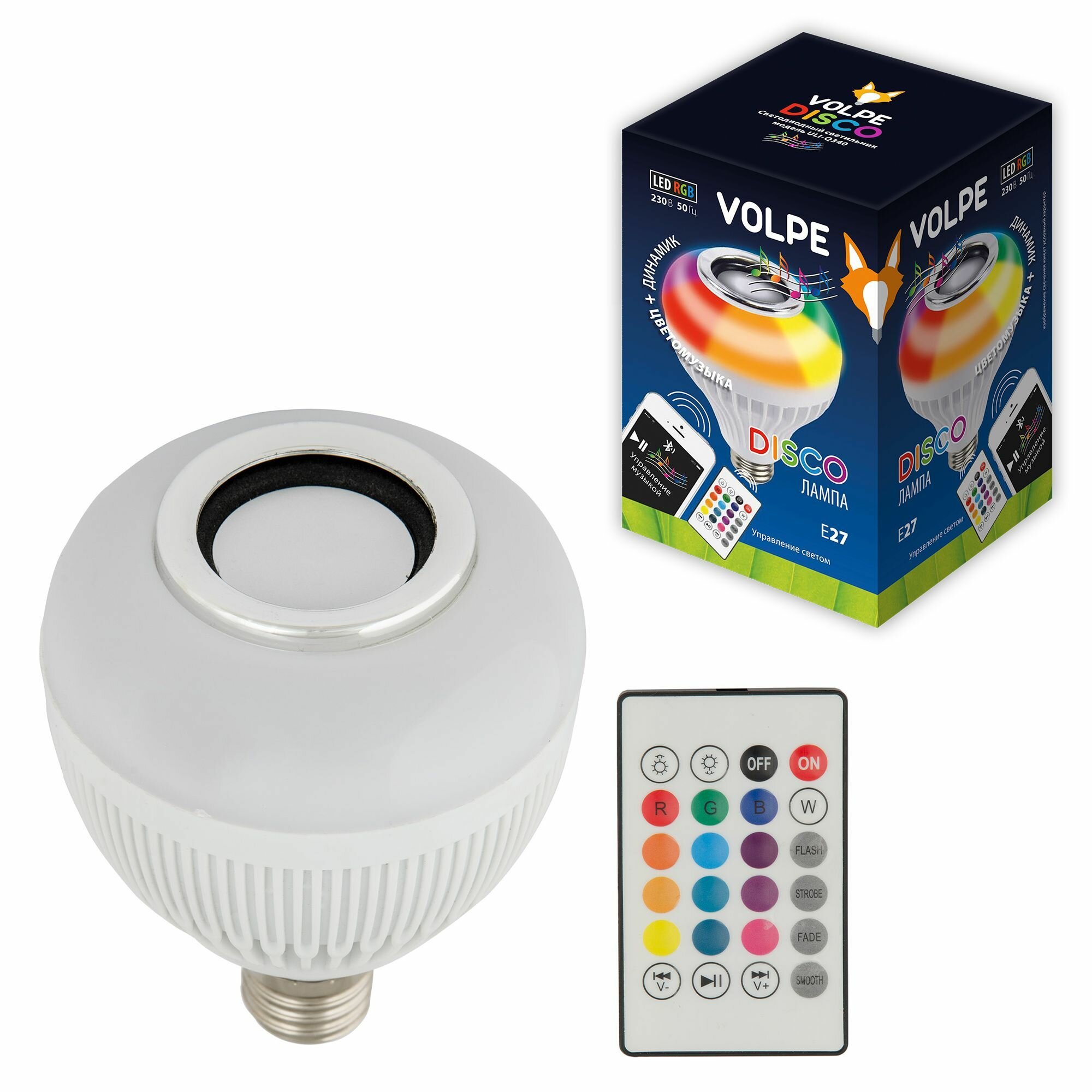 Лампа разноцветная Bluetooth с колонкой Volpe Disco ULI-Q340 8W-RGB-E27 разноцветная светодиодная пульт в комплекте UL-00007709