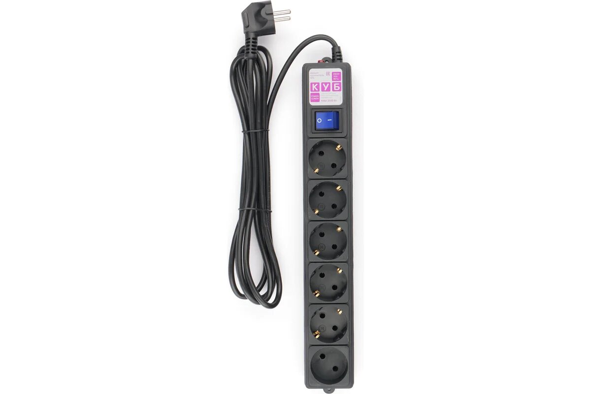 Power Cube Фильтр-удлинитель 3,0 м 6 розеток (черный) 16А/3,5кВт (3x1,5), SPG6-B1