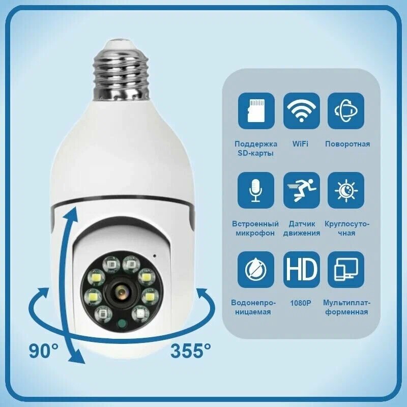 IP камера Handheld wifi с цоколем E27, Поворотная, Домашняя, Видео няня с поддержкой Wi-Fi и приложение на русском языке