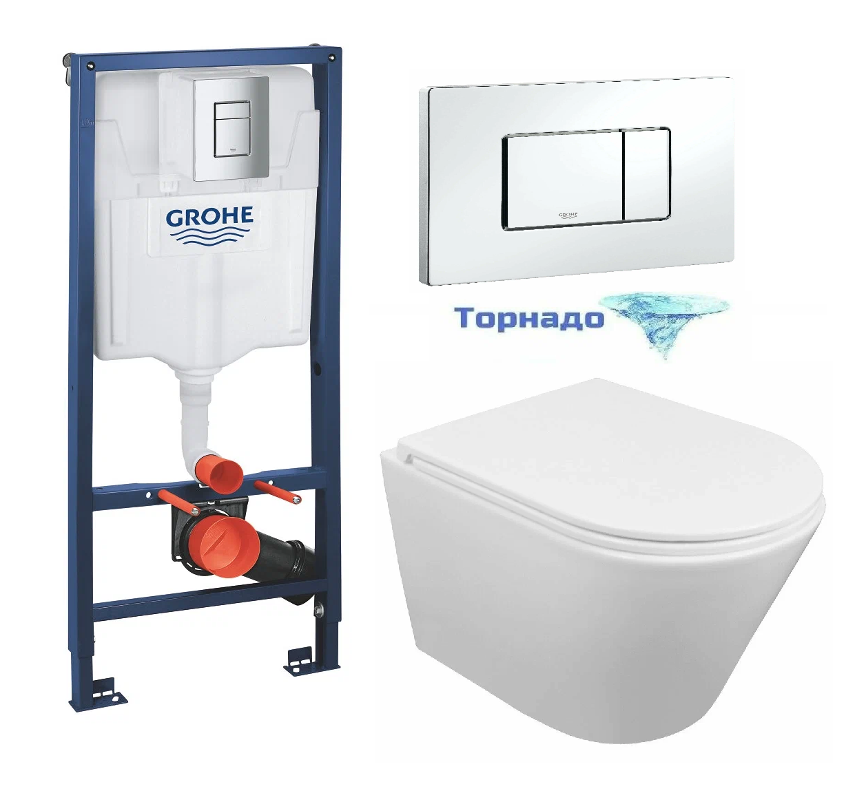 Комплект ПЭК унитаза (торнадо) с сиденьем микролифт и инсталляцией GROHE Rapid SL с квадратной кнопкой хром 38772001