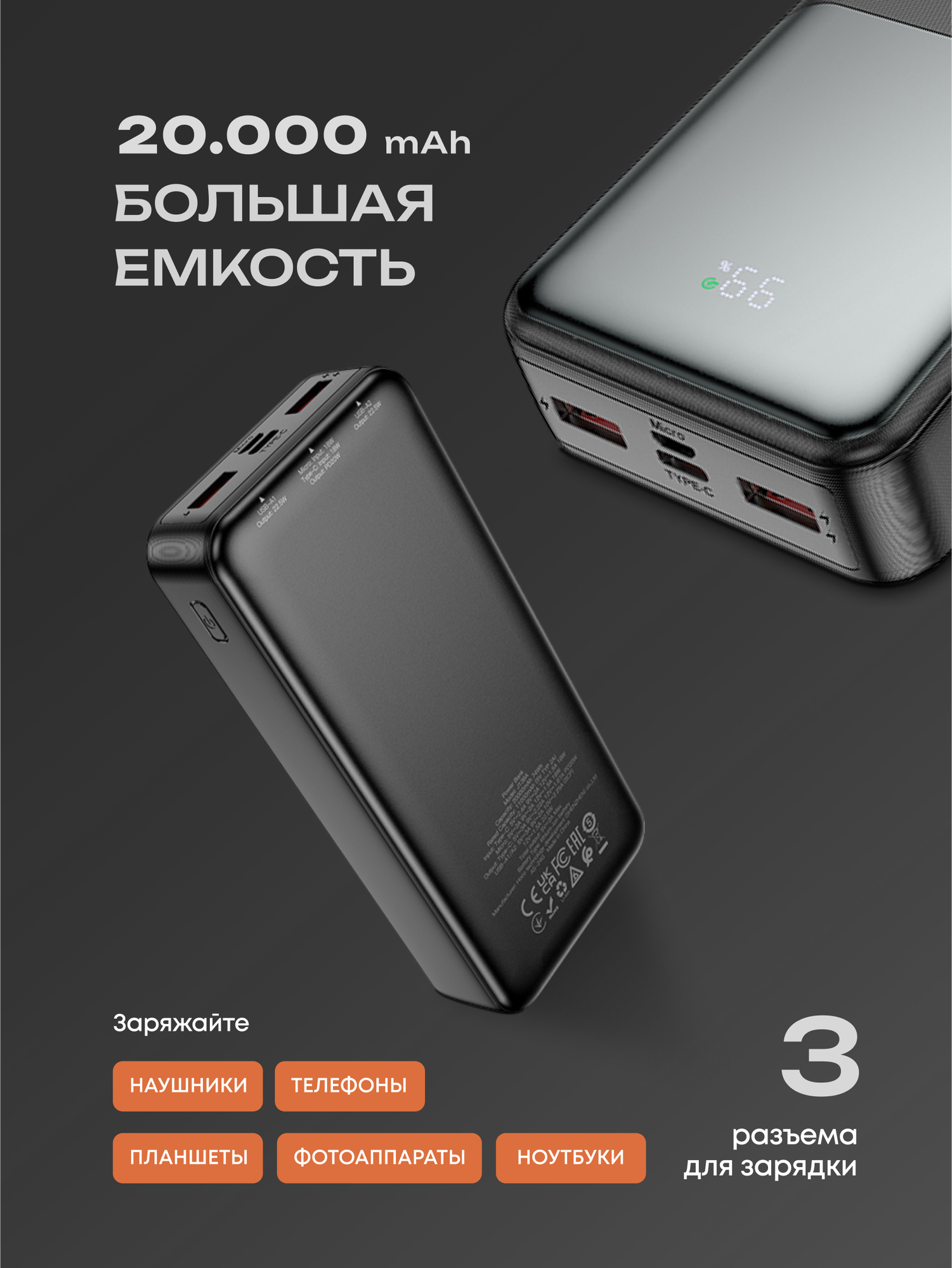 Повербанк 20000 mAh с быстрой зарядкой Hoco J136A 22.5W (PD20W + QC 3.0, 3 выхода) — фото 1