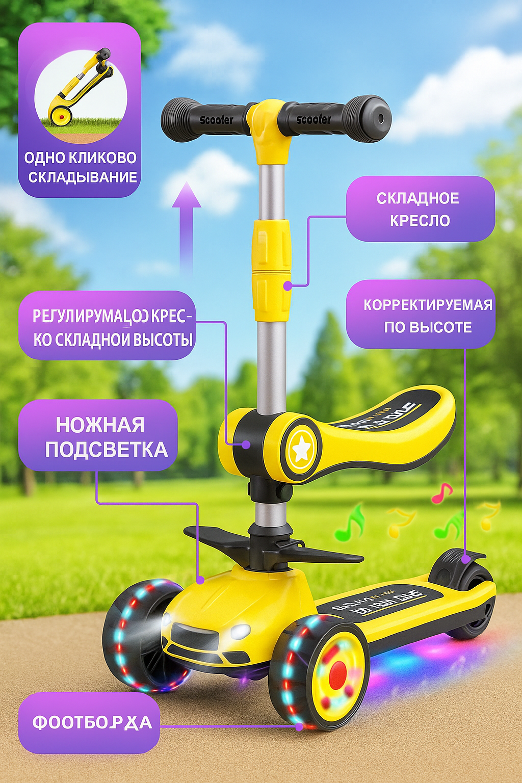 Самокат для детей, с горящими колесами, для мальчиков и девочек самокат трансформер 4 в 1, детский самокат с сиденьем. — фото 1