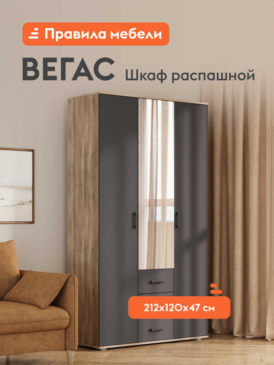 Шкаф распашной для одежды Вегас с ящиками, с полками, с зеркалом, 120х47х212 см, Дуб Каньон / Графит
