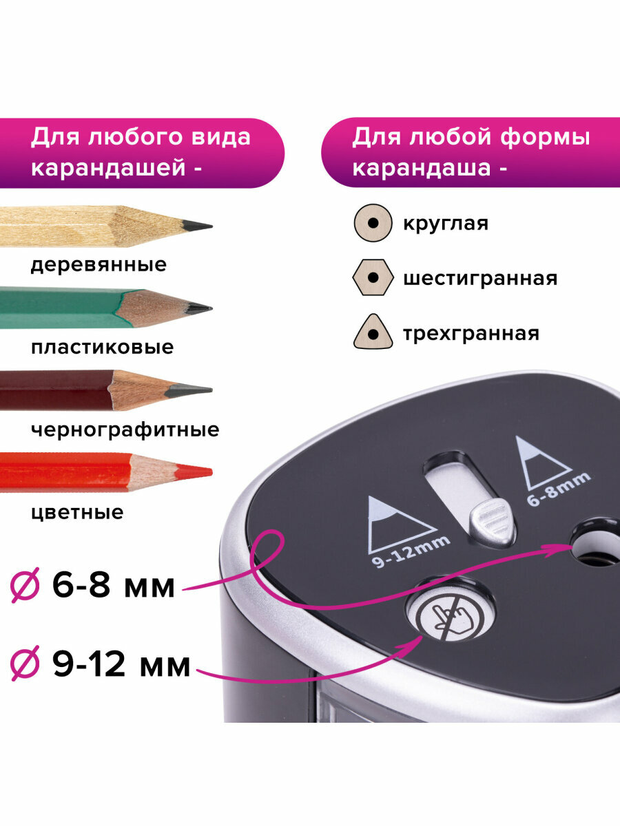 Точилка электрическая (электроточилка) для карандашей с контейнером для стружки Brauberg Dual (для 2 диаметров карандашей!), черная, 4 батарейки АА, 270581 — фото 1