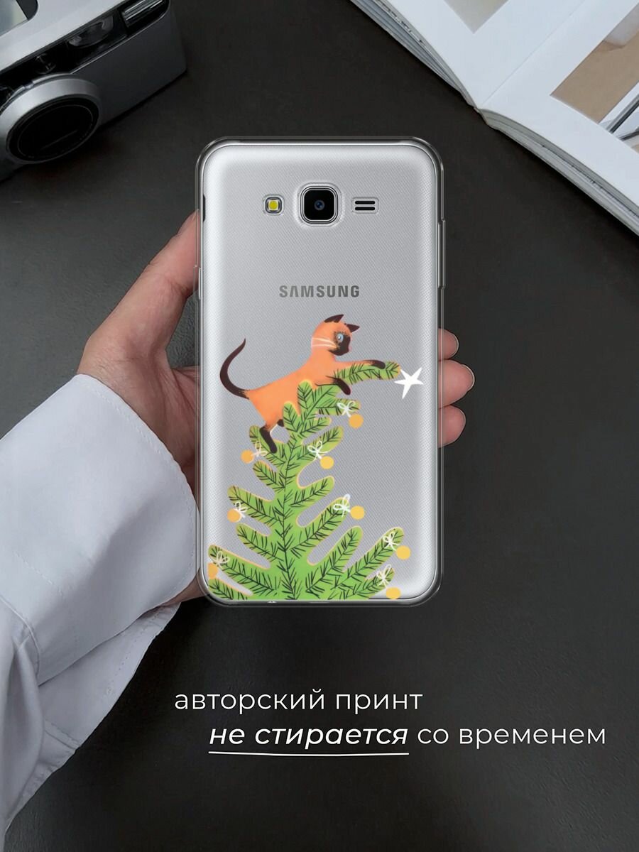 Чехол на Samsung Galaxy J7 Neo / Самсунг Галакси Джей 7 Нео с принтом "Кот на елке", прозрачный — фото 1