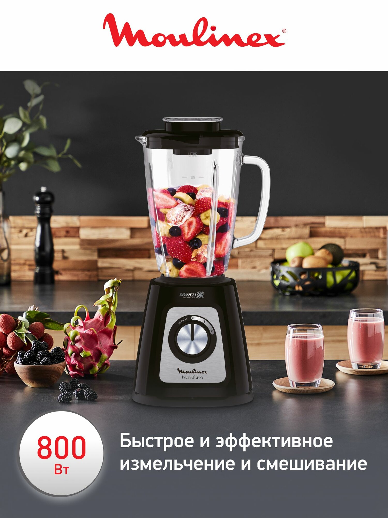 Блендер стационарный Moulinex Blendforce 2 LM435810 с ручной регулировкой скоростей, 800 Вт, черный — фото 1
