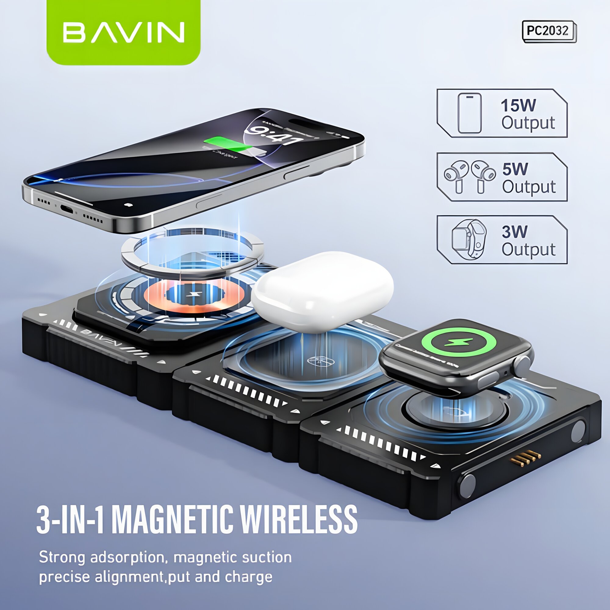 Wireless T29 – 15 Вт 3‑в‑1 беспроводная зарядная станция, магнитное крепление, стильный дизайн
