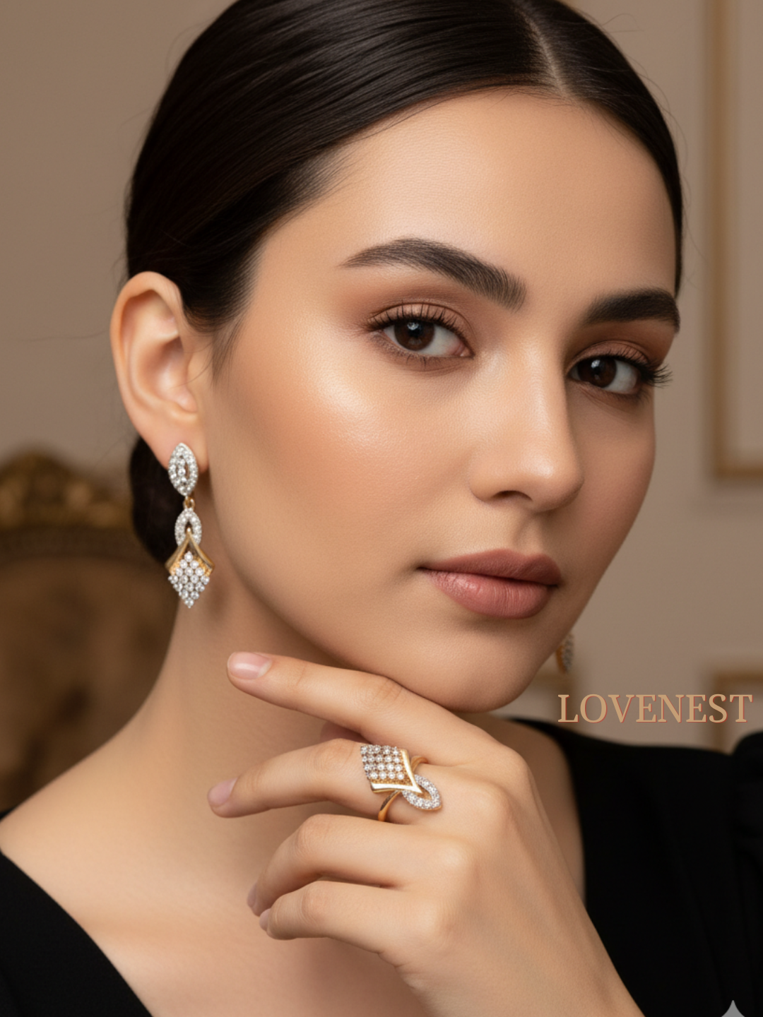 Комплект бижутерии: цепь, серьги, кольцо, колье, кристаллы Swarovski, кварц