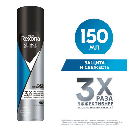 Антиперспирант-спрей мужской Rexona Clinical Protection Men Защита и Свежесть, защита 96 часов, 150 мл,