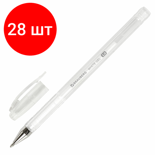 Комплект 28 шт, Ручка гелевая BRAUBERG White Pastel, БЕЛАЯ, корпус прозрачный, узел 1 мм, линия письма 0.5 мм, 143417