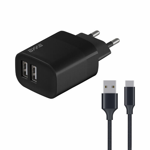 СЗУ 2 USB 2.4А, дата-кабель USB-C, 1m, черный, Axxa, Deppa 2408