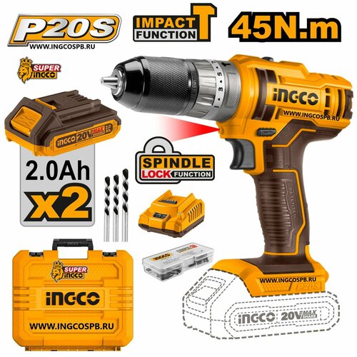 Аккумуляторная ударная дрель-шуруповерт INGCO CIDLI201452 INDUSTRIAL электроинструмент подарок на день рождения мужчине любимому папе дедушке парню 1010000₽