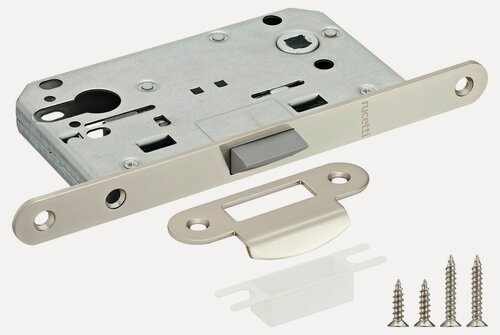 Изображение товара Защелка фиксатор дверная Rucetti, замок для межкомнатных дверей бесшумный, замок врезной с ответной планкой RP1885 SN, сатин никель