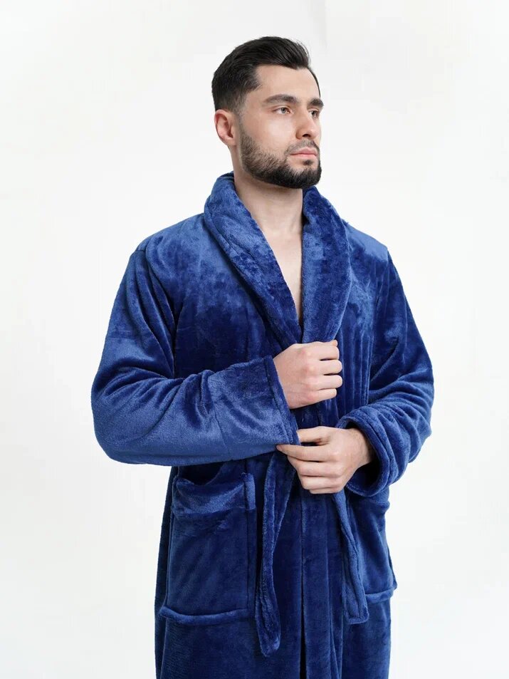 Халат синий с длинным рукавом и карманами 52 размер - фотография № 1