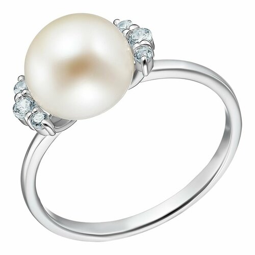 фото Перстень серебряное кольцо 925 пробы с жемчугом и фианитами, серебро, 925 проба, родирование, фианит, жемчуг культивированный, белый, бесцветный uvi ювелирочка