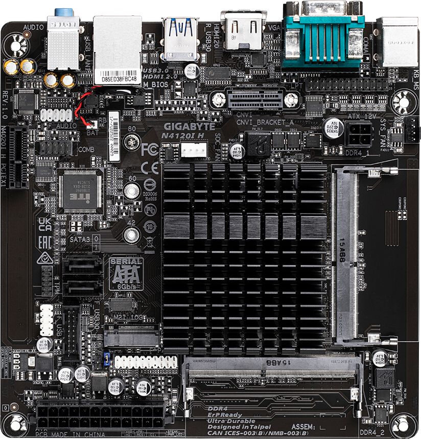 Материнская плата с ЦПУ Gigabyte N4120I H, Intel® Quad-Core Celeron®N4120 (2.6 GHz), 2xDDR4-2400 SO-DIMM, D-SUB+HDMI, 1