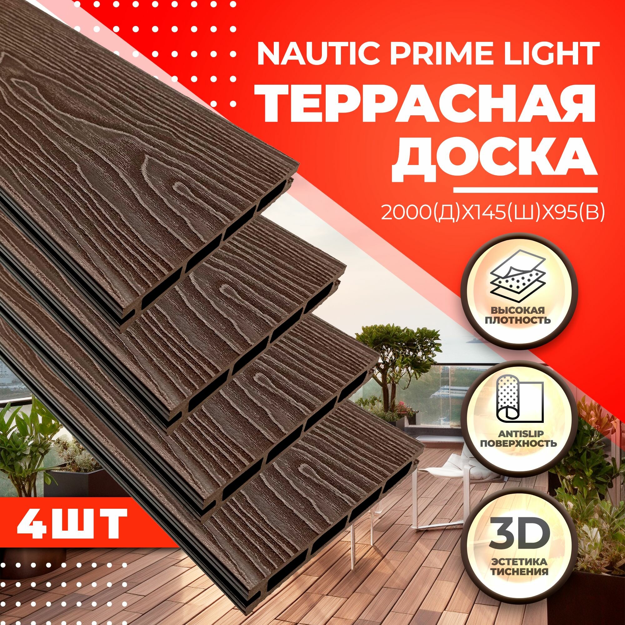 Комплект террасной доски NauticPrime (Light) Esthetic Wood, 145х22х2000 мм, венге, 4 шт.