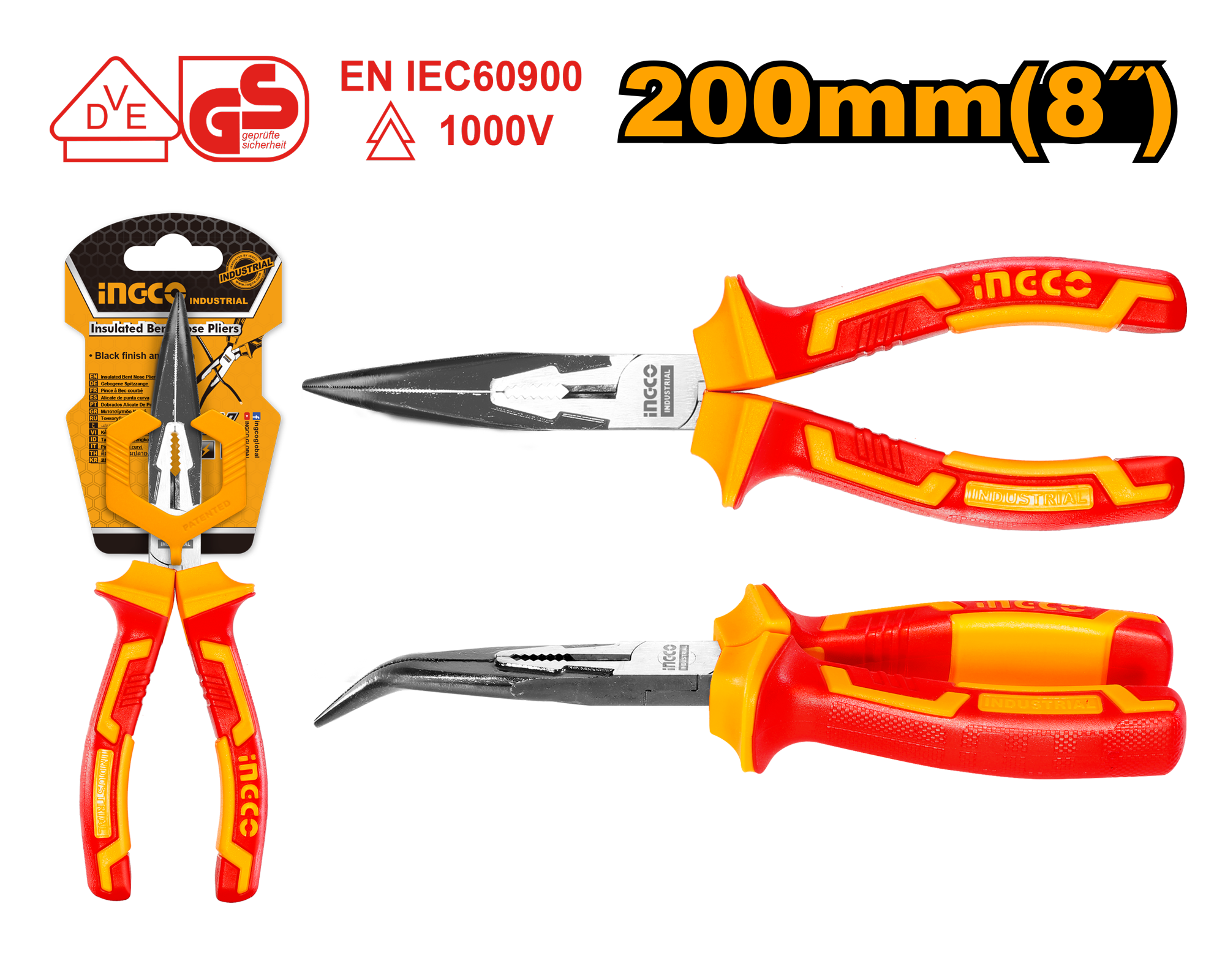 Тонкогубцы диэлектрические изогнутые INGCO HIBNP28208 INDUSTRIAL 200 мм