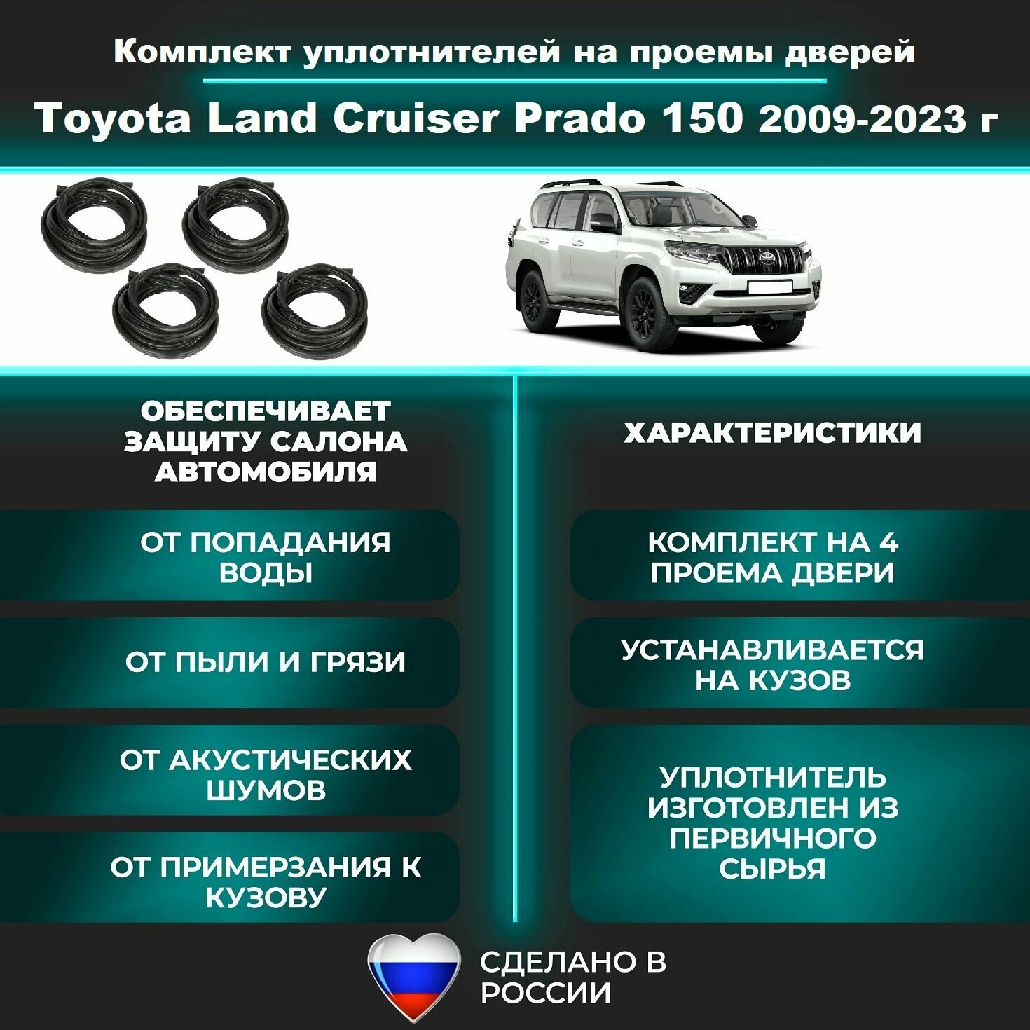 Комплект уплотнителей на проем дверей для Toyota Land Cruiser Prado 150 2009-2023 г Тойота Ленд / Лэнд Крузер Прадо 150 4 шт