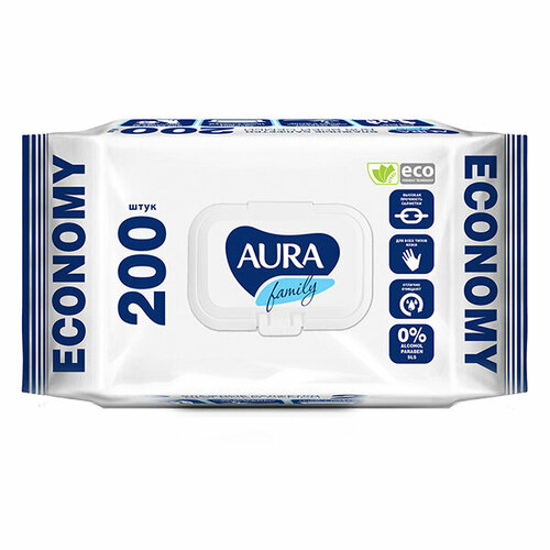Aura, Влажные салфетки, Family, для всей семьи, big-pack с крышкой, 200 шт aura derma protect влажные салфетки для всей семьи с антибактериальным эффектом алоэ 15 штук набор из 10 упаковок