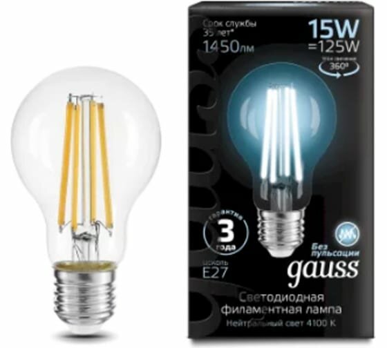 Лампа Gauss LED Filament A60 15W Е27 4100K 1450lm