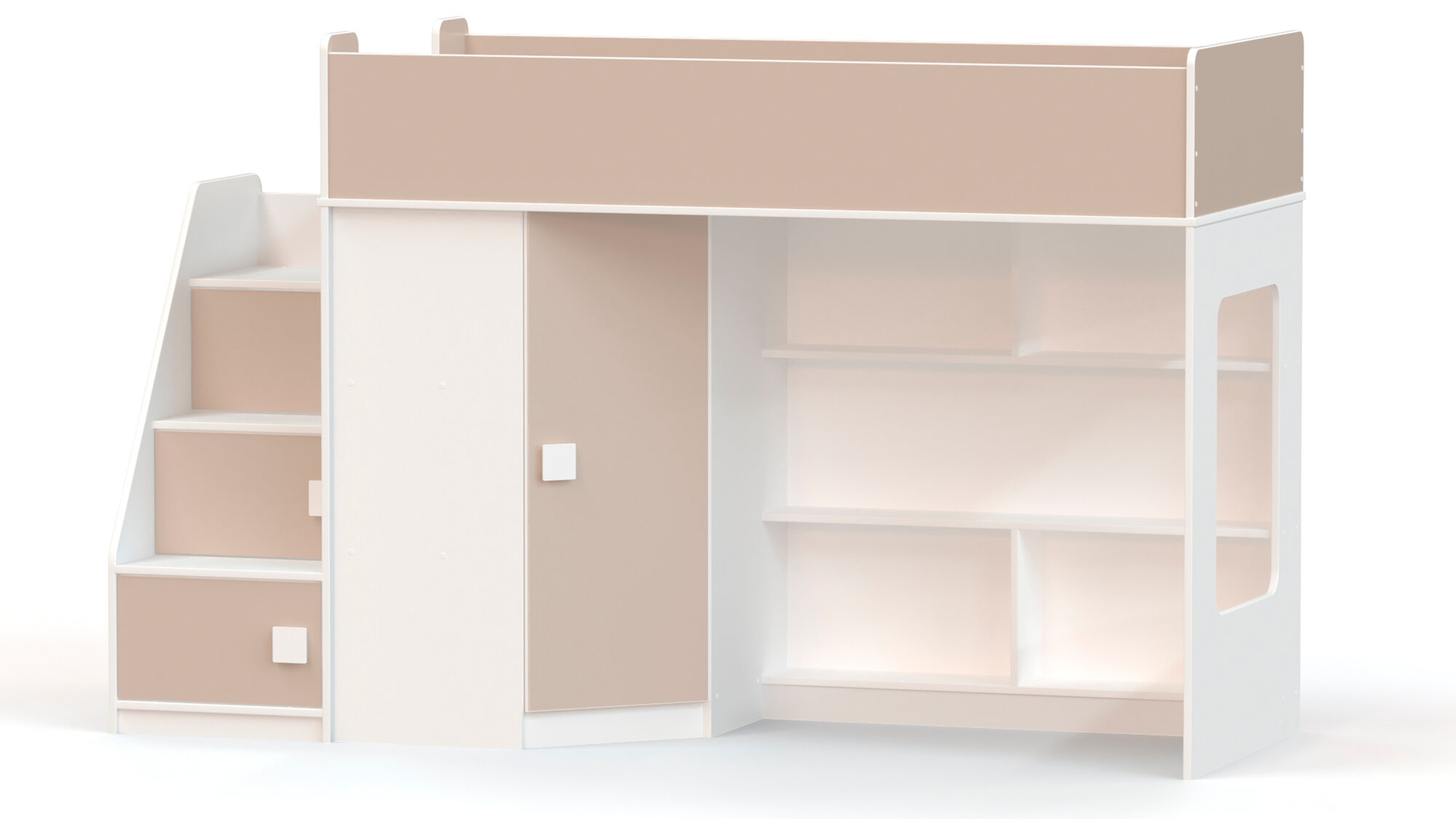 фото Кровать-чердак с угловым шкафом и угловой лестницей Ridgimmi 2.3 белая/капучино