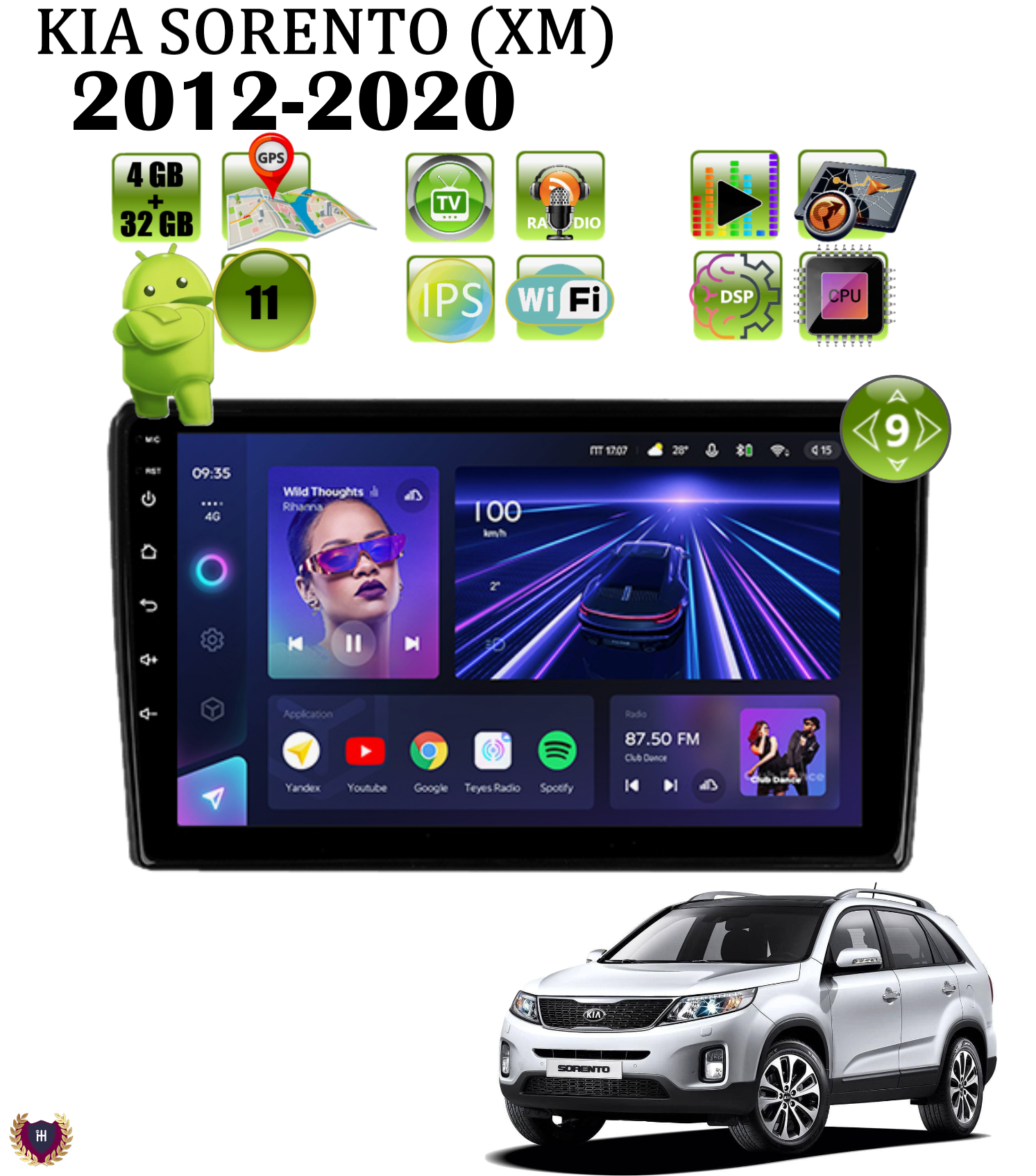 Автомагнитола для KIA Sorento (XM) (2012-2020), Android 11, 4/32 Gb, Wi-Fi, Bluetooth, GPS, IPS экран, поддержка кнопок на руле