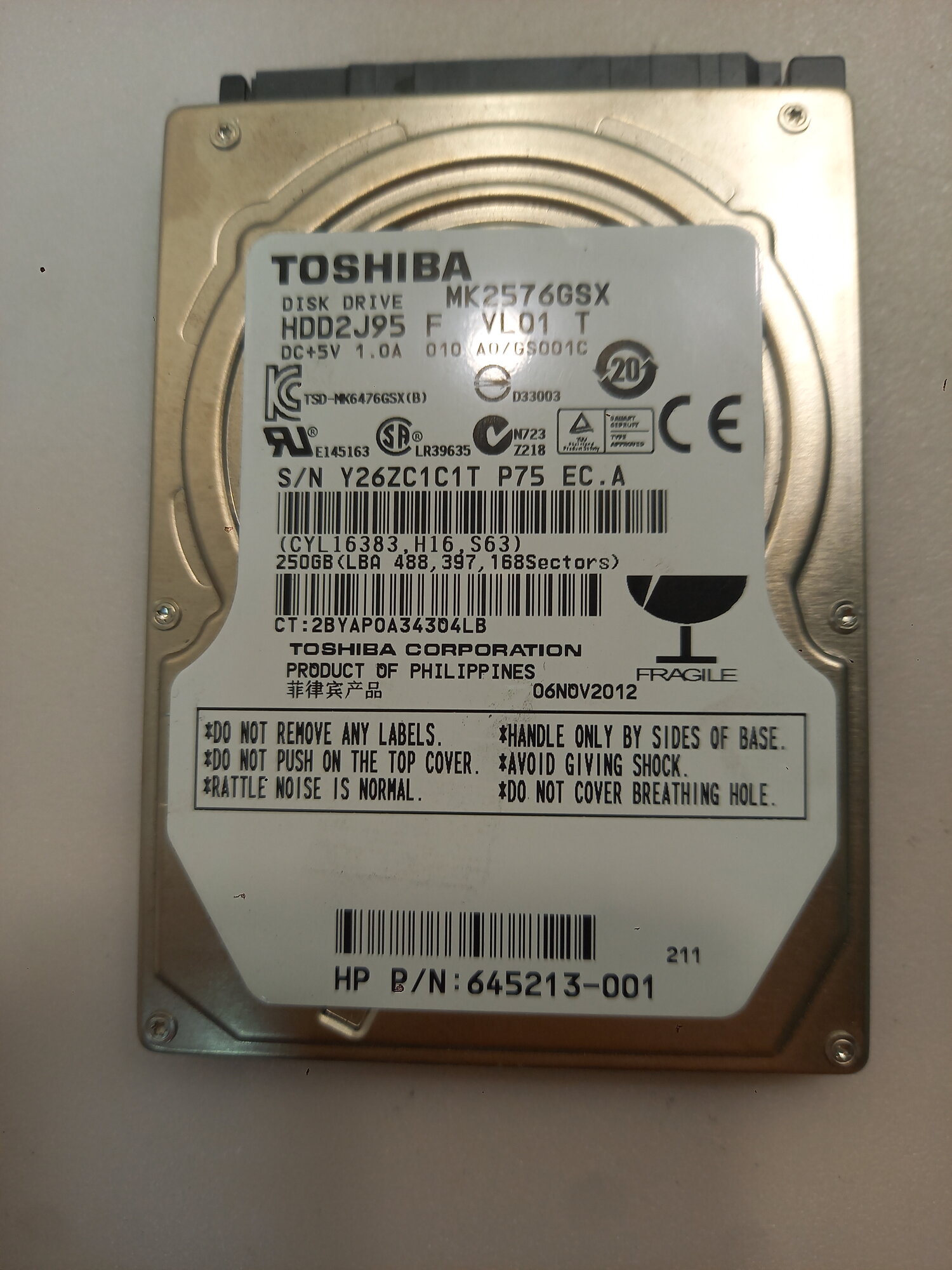 Жёсткий диск HDD 250 Gb SATA-II 300 TOSHIBA MK2576GSX 2.5" 5400rpm 8Mb для ноутбука