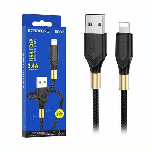 Кабель Borofone BX92 USB Lightning, 2.4A, оплетка ткань, черный, 1 шт сетевой адаптер borofone ba64a с кабелем usb 2 1a 5w штекеры usb lightning цвет черный 1 шт