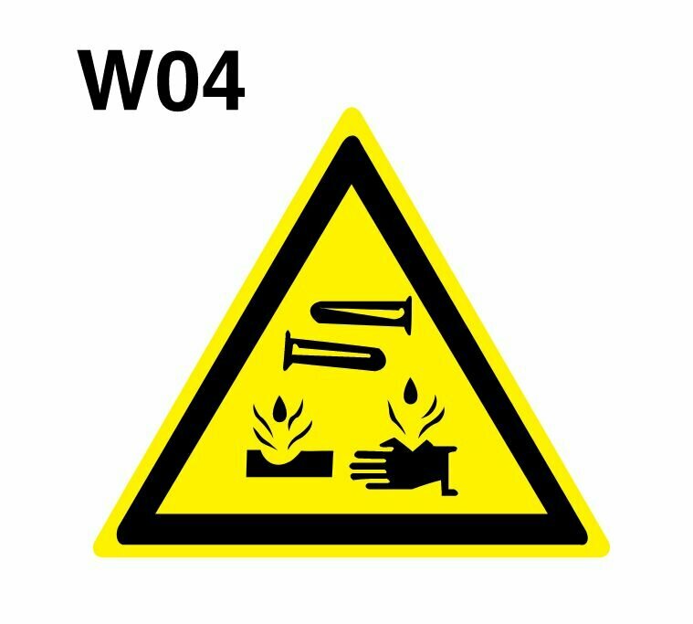 Несветящийся, треугольный, предупреждающий знак W04 Опасно. Едкие и коррозионные вещества (самоклеящаяся ПВХ плёнка, 450*450*0,1 мм, 2 шт, ГОСТ 12.4.026-2015)