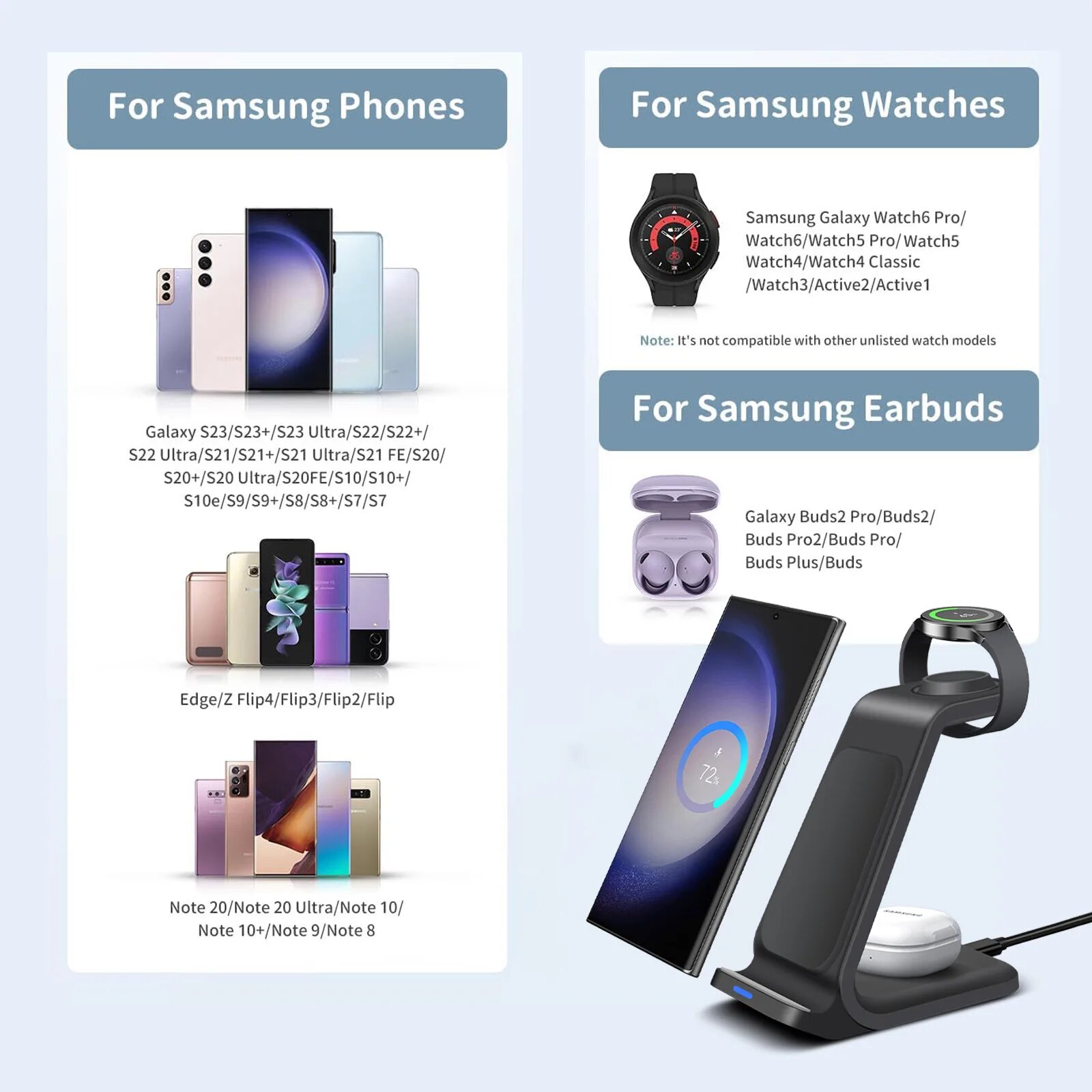 Беспроводная зарядная станция 3 в 1 для Samsung Galaxy S24/S23 Ultra/S22/Note 20, Galaxy Watch 7/6/5/Pro/4, Buds 2 Pro, Черный — фото 1