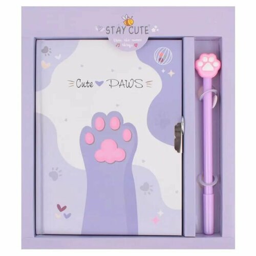 Набор Cute Paws блокнот на замке с ручкой Лапка фиолетовый 399₽