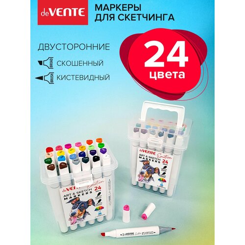 фото Набор маркеров для скетчинга и рисования фломастеры спиртовые 24 шт. скетч маркеры двусторонние кистевидный 2 мм эргономичный трёхгранный корпус, чернила на спиртовой основе devente