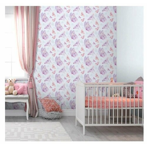 Обои в деткую флизелиновые светящиеся в комнату с рисунком бабочки 105 1,06*10м, метровые, в спальню, в гостиную, розовые, нежно сиреневый