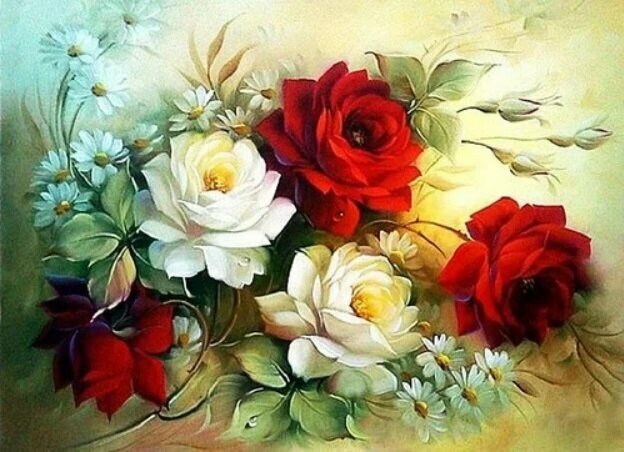 Алмазная мозаика на подрамнике/Картина стразами/ Алмазное хобби "Красные и белые розы", 30х40 см, сложность 5, цветов 20/ Komas