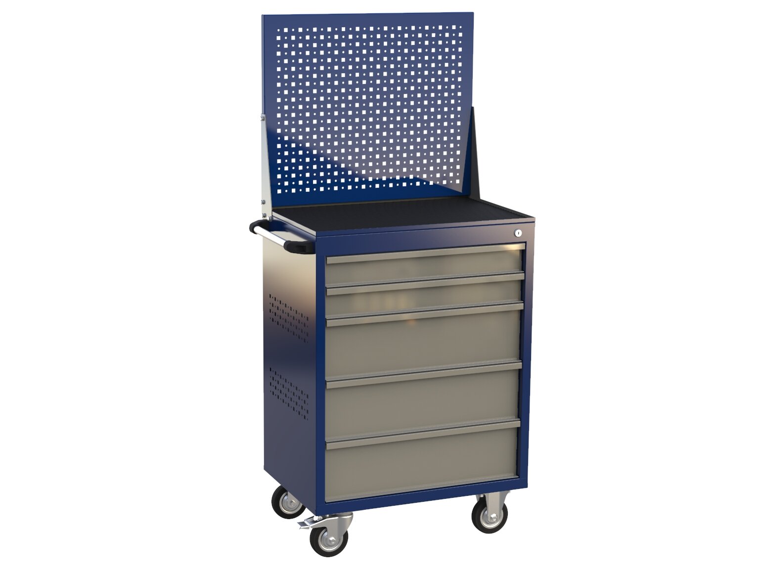 фото Тележка инструментальная с 5 ящиками, с экраном, перфорированные боковые стенки, синяя с серыми ящиками, GRANIT-L5P