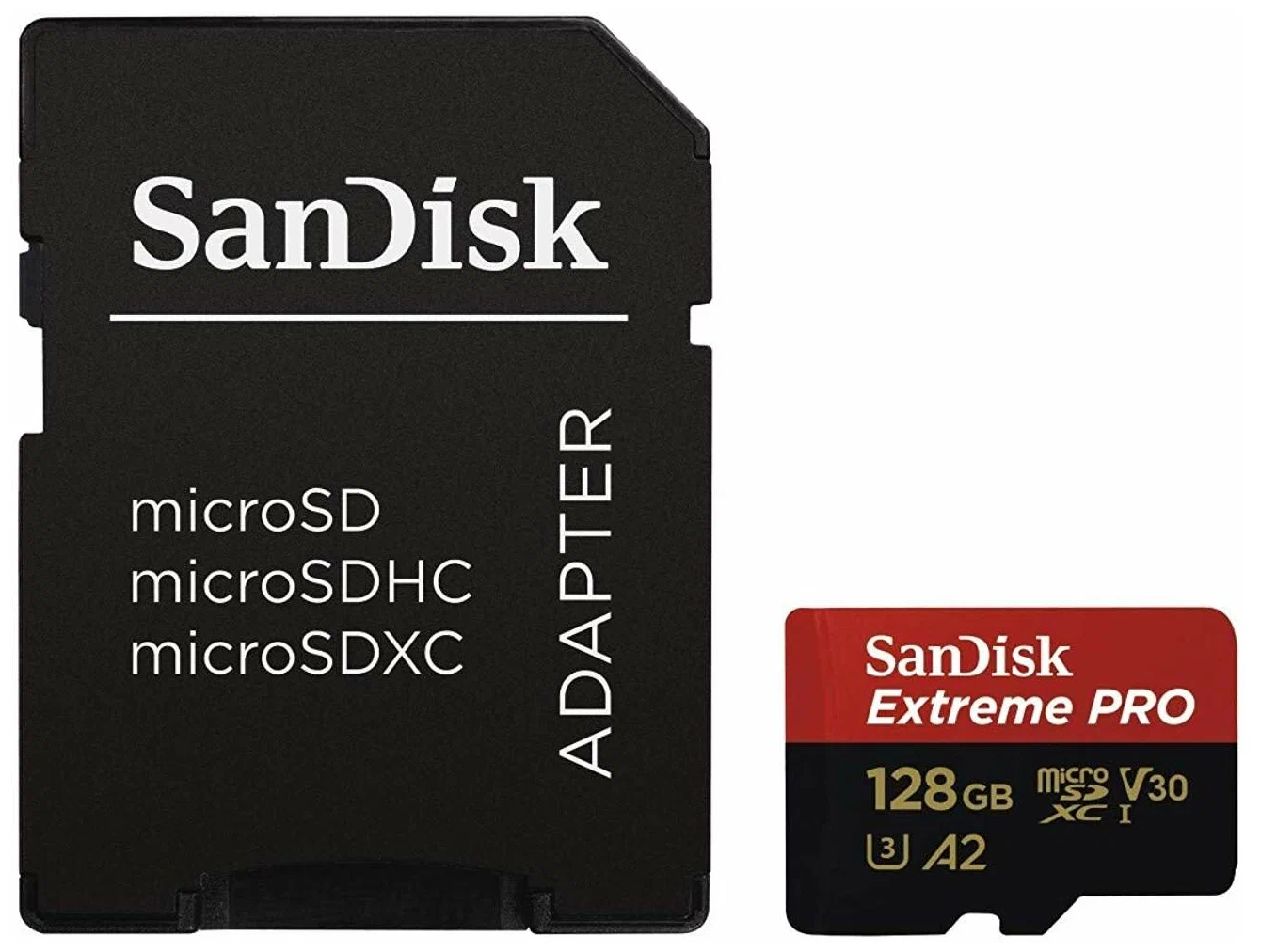 Карта памяти SanDisk microSDXC 128 ГБ Class 10, V30, A2, UHS-I U3, R 160 МБ/с, адаптер на SD, 1 шт, черный/красный — фото 1