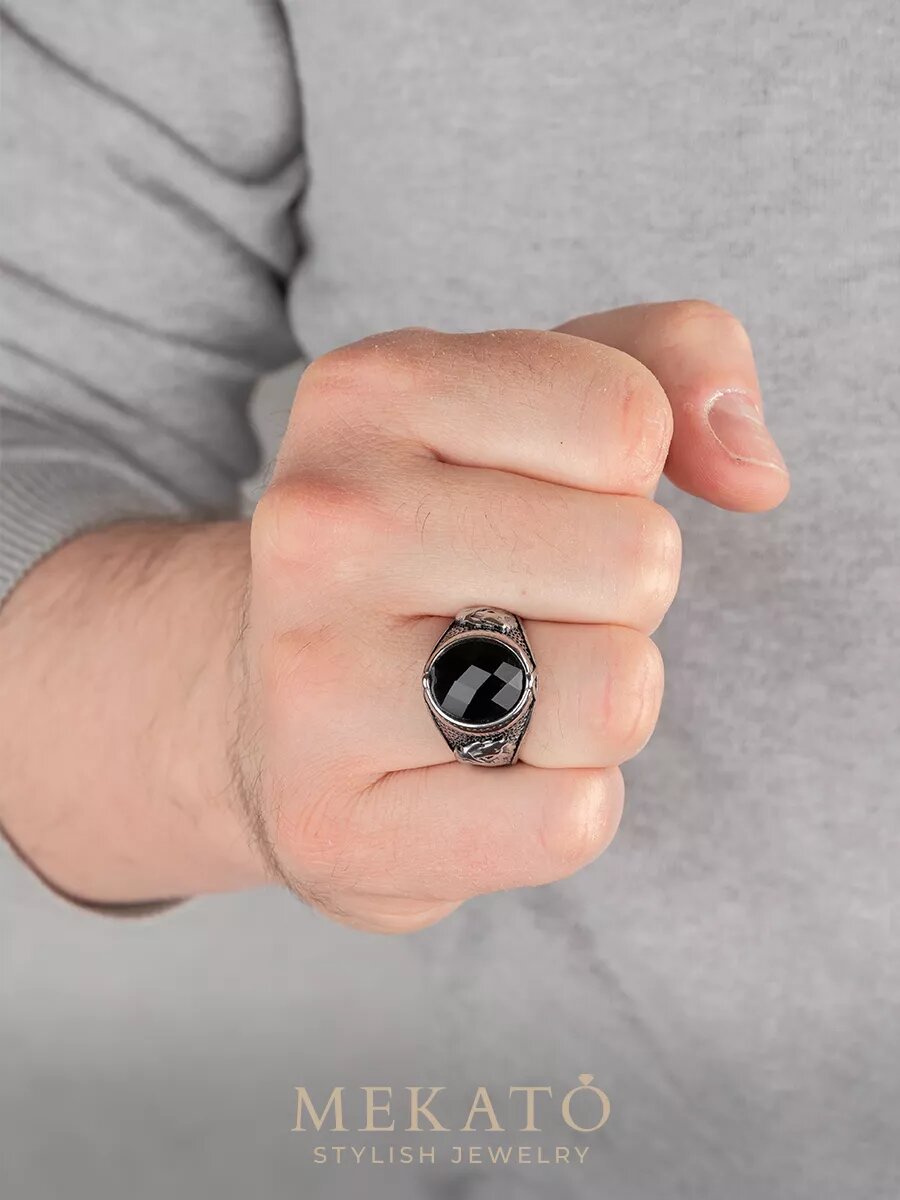 Печатка МЕКАТО, стекло, размер 23, серебристый/черный — фото 1