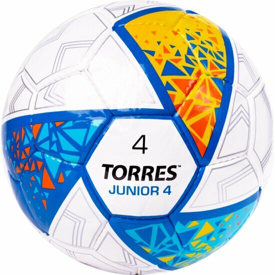 Мяч футбольный Torres Junior-4, F323804, р.4, ПУ, 4 слоя, 32 панели, ручная сшивка, бело-желто-голубой — фото 1
