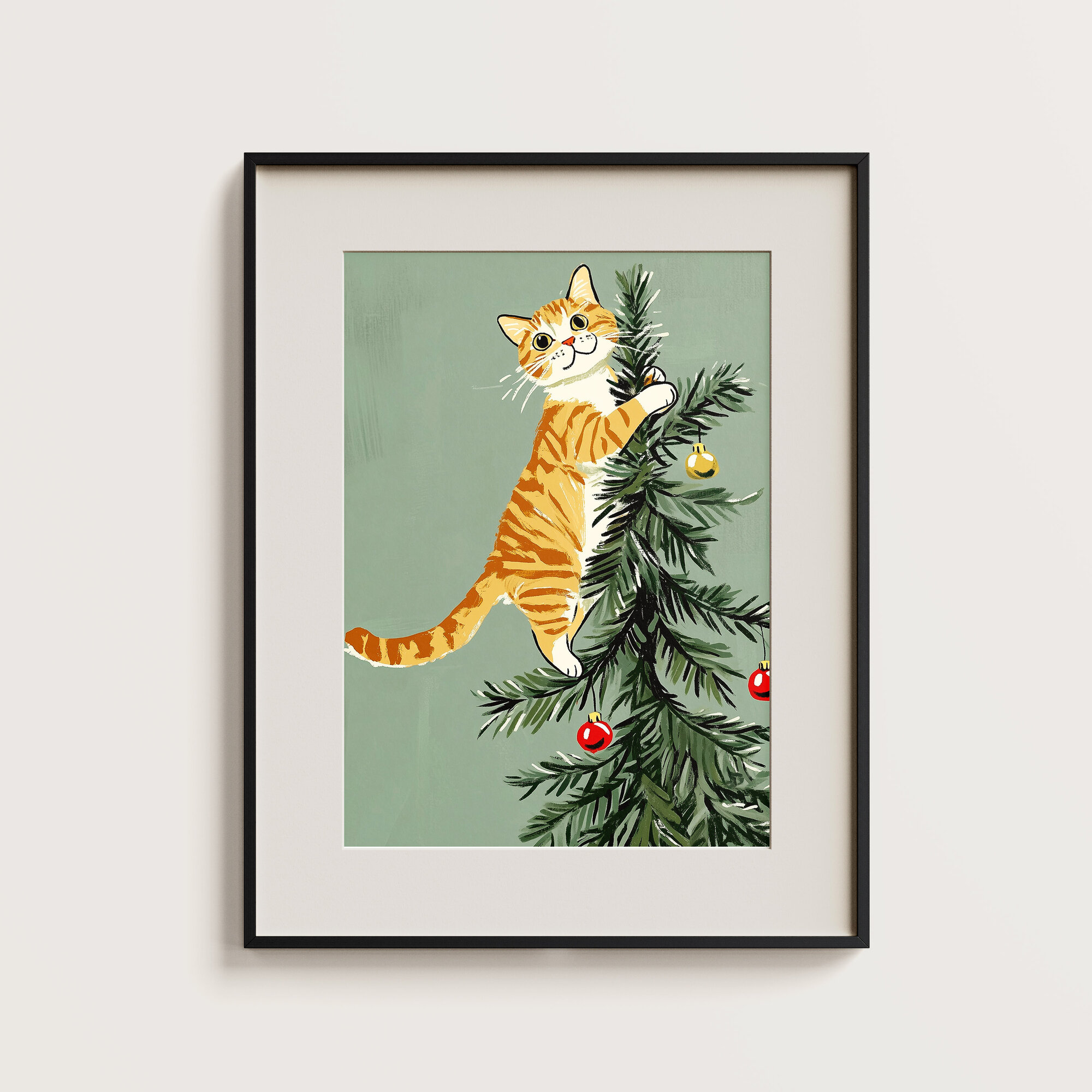 MISHKA POSTER Постер для интерьера "Котик на ёлке", А4 / Новогодний подарок
