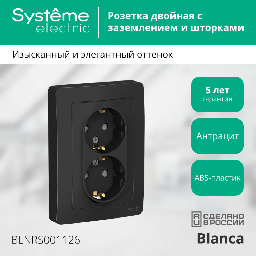 Розетка двойная Systeme Electric Blanca с/з, со шторками, 16А, 250В, скрытой установки, Антрацит