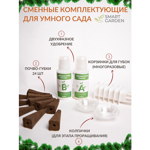 Набор сменных комплектующих для Умного сада (грядка), 20 почво-губок, 10 корзинок, А и В удобрения, колпачки в подарок, АТМАН