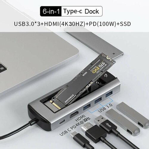 KEBIDU 6-в-1 USB C концентратор с хранением SSD PD100W для Macbook, 6 IN 1