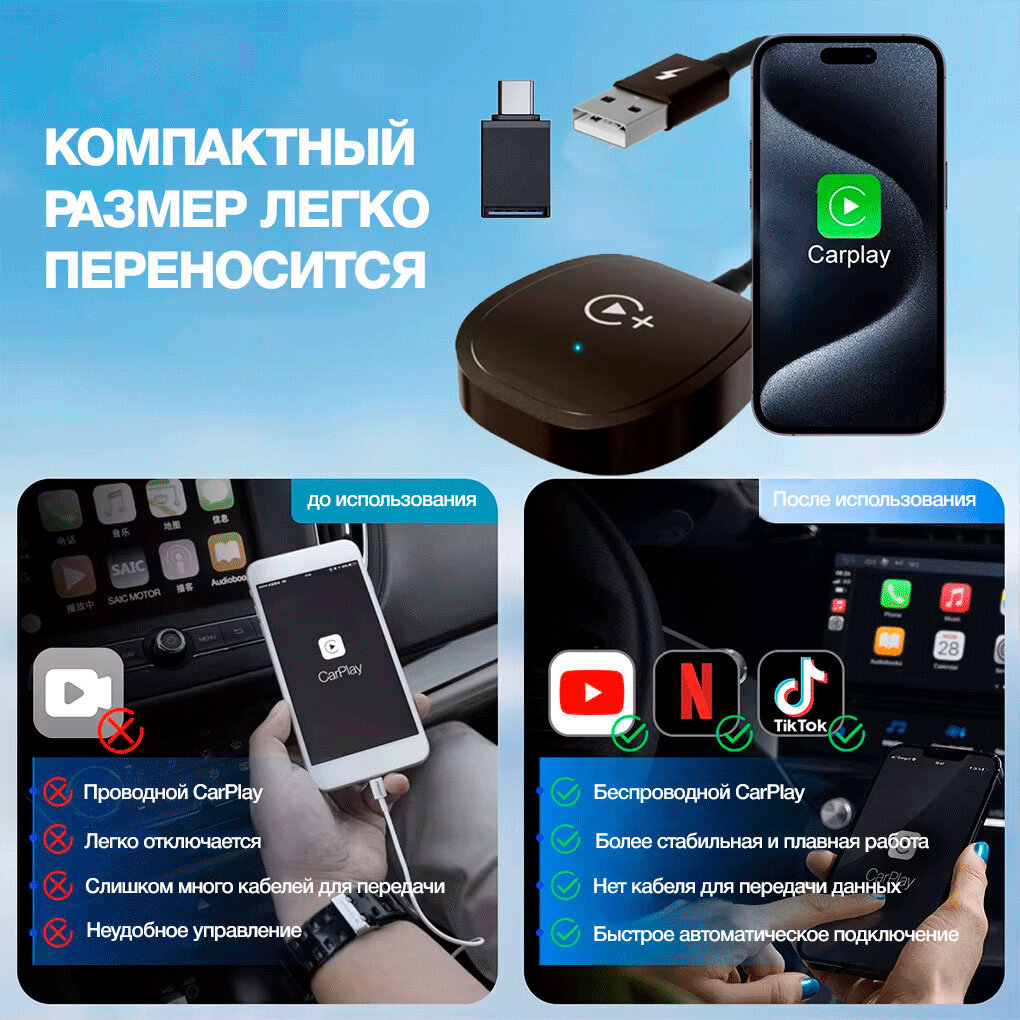 Беспроводной Carplay с поддержкой видео YouTube/Netflix/Tiktok