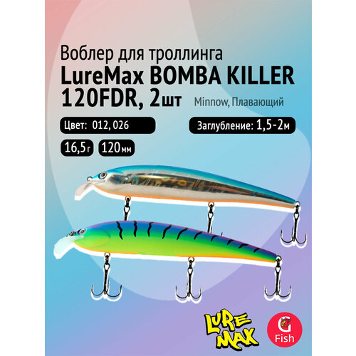 Комплект воблеров для троллинга (судак, щука): 2 штуки LureMax BOMBA KILLER 120FDR 16,5 г Плавающий, цвета 012, 026