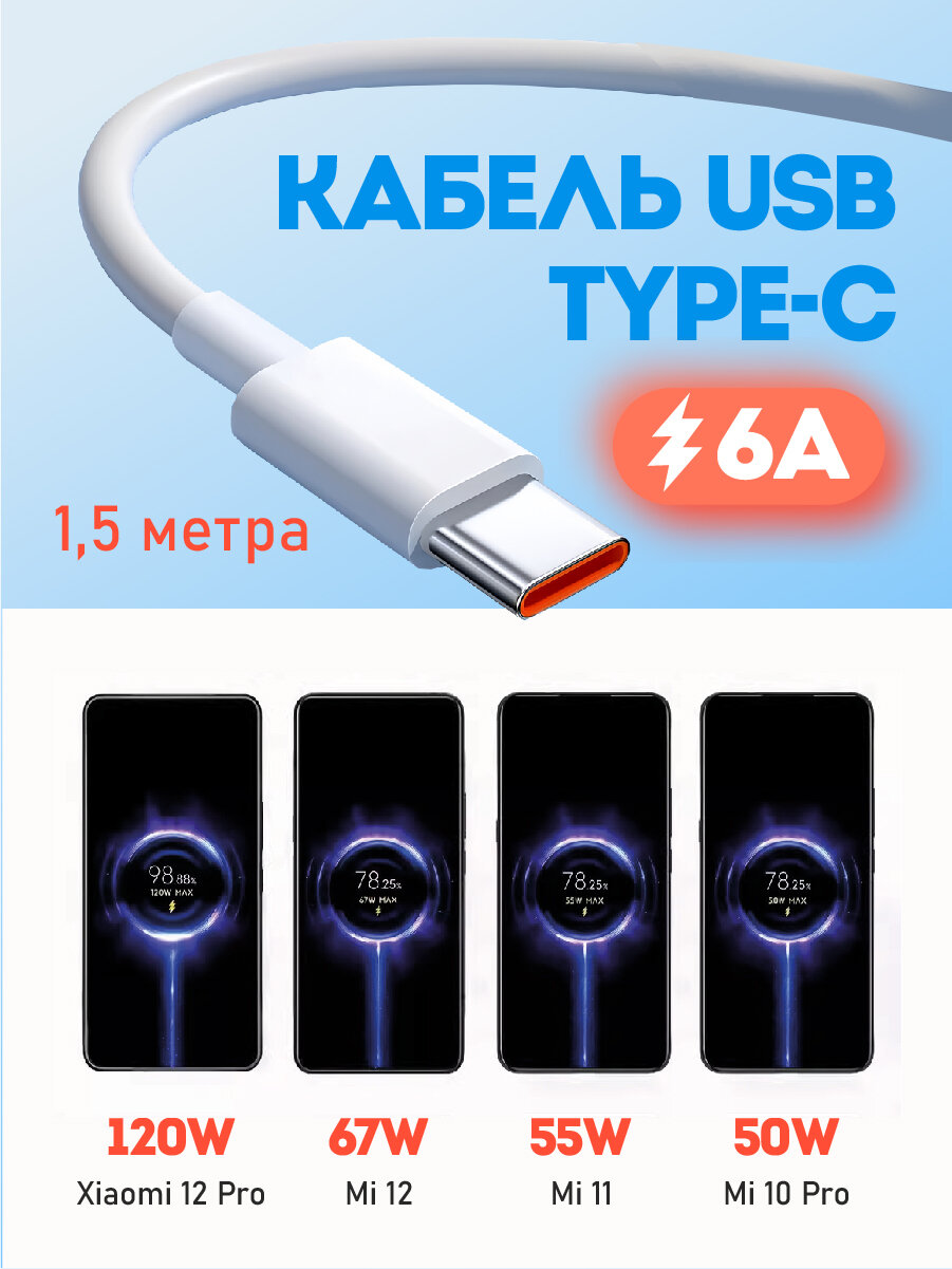 Кабель Русский Формат, type-c, Turbo Charge, 120w/67w/55w/33w, 6А, 1.5м — фото 1
