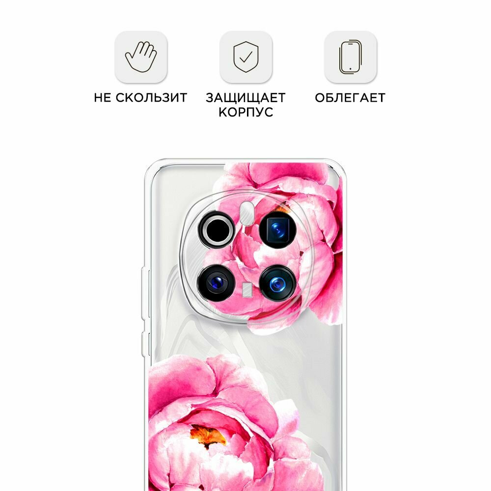 Чехол на Honor Magic 7 Pro / Хонор Мэджик 7 Про с принтом "Open peonies", прозрачный — фото 1