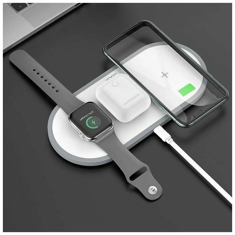 Беспроводное зарядное устройство 3 в 1 для смартфонов / Белый / Для смарт часов / Для AirPods